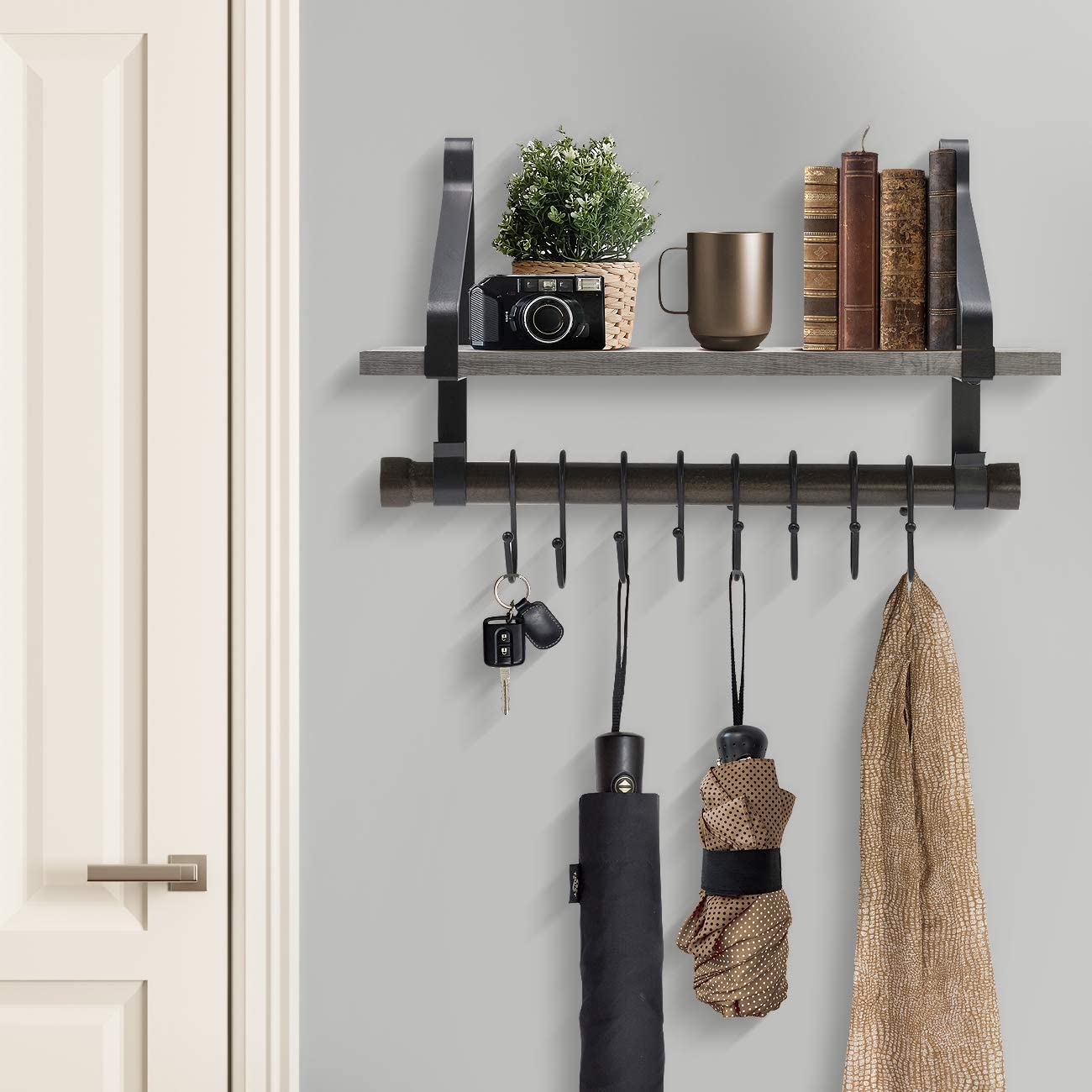 Rustic Grey Kitchen Wall Shelf with Hooks for Entryway