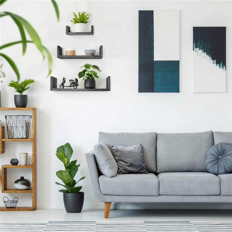 Set of 3 U Shaped Rustic Grey Floating Wall Shelves for Living Room